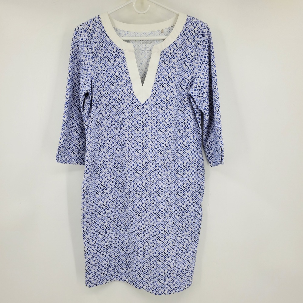 Tommy‎ Bahama IslandZone Womens Blue White Geometric Tile Split Neck Dress Small